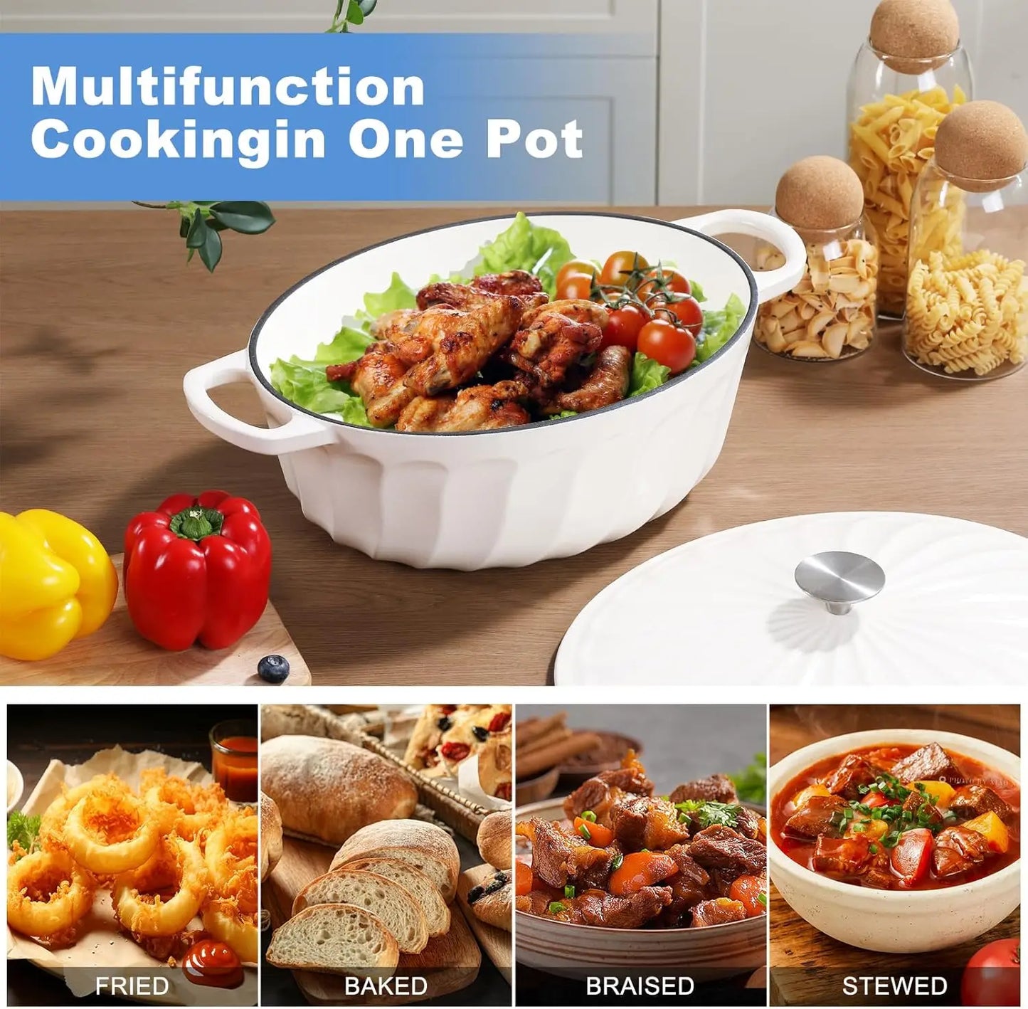 Dutch Oven Pot with Lid,Cast Iron Dual Handles for Cooking, Bread Baking, Frying, Non-stick